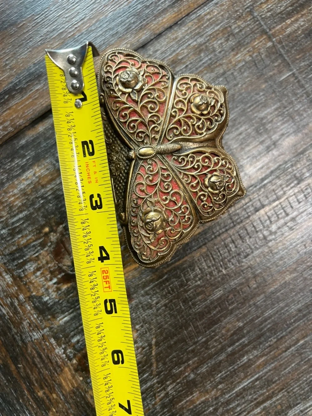 Ornate Butterfly Filigree Trinket Box in Antique Gold and Red Vintage
